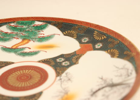 大正～昭和戦前九谷焼色絵松竹梅図8寸皿