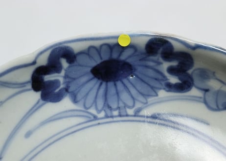 江戸中期染付二方に菊図6寸皿 ムシクイ,フリモノ