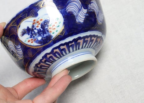 明治前期色絵草花に波図蒸茶碗①　 色擦れ
