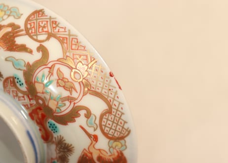 明治前期色絵松鶴図通り物飯茶碗