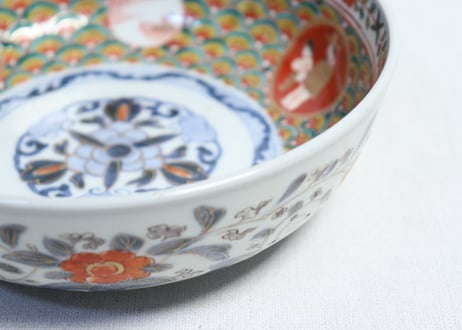 明治前期色絵山水人物と花弁図6寸鉢