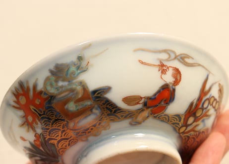 明治前期色絵龍と宝珠に人物図通り物飯茶碗②蓋少甘手