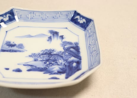 明治後期～大正染付山水図角皿