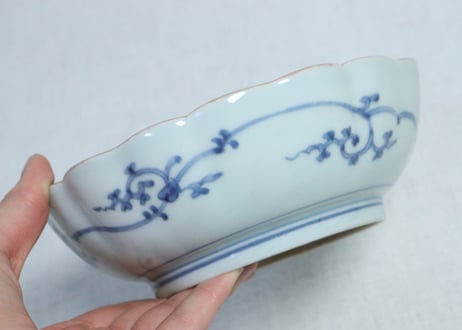 江戸中期色絵八方に蝶と牡丹図なます皿　５客組