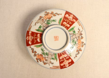 明治前期色絵竹梅と牡丹図蒸茶碗