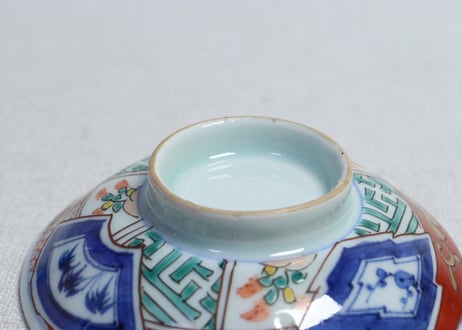 江戸幕末色絵松竹梅と幾何学文割絵蓋茶碗