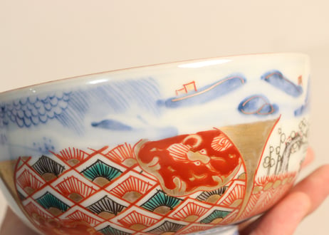 明治前期色絵柴垣に梅と龍図通り物蒸茶碗