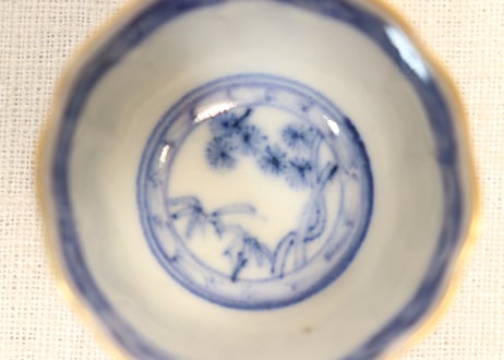 明治前期色絵芦に鳥と牡丹図通り物小向付②見込み淡め