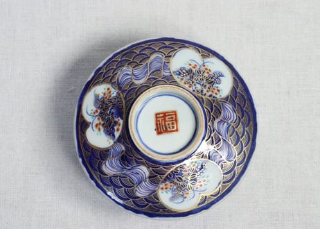 明治前期色絵草花に波図蒸茶碗①　 色擦れ
