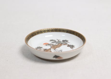 明治前期九谷焼色絵松鶴図通り物豆皿　甘手