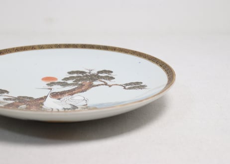 明治前期九谷焼色絵松鶴図通り物7寸皿②少甘手