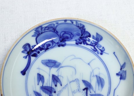明治前期染付鷺と草花図小皿
