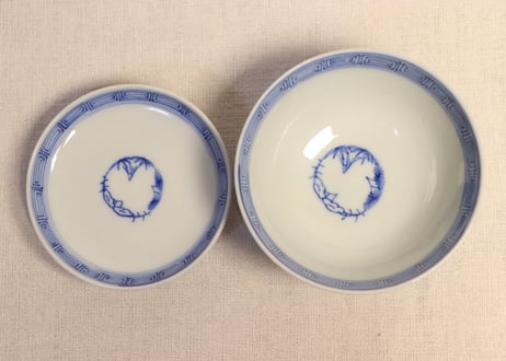明治前期染付羽根市松図通り物飯茶碗