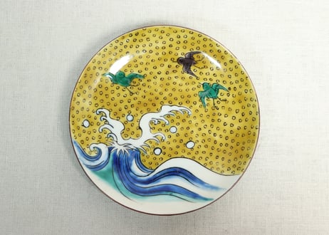 明治後期～大正九谷焼色絵波千鳥図5寸皿5客組　1客釉剥げ