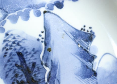 江戸幕末染付山水図尺皿 ノミホツ,がたつき