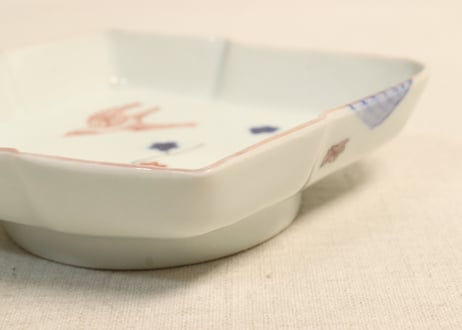 明治後期～大正色絵紅葉と鳥図縁立菱形皿②釉剥げ