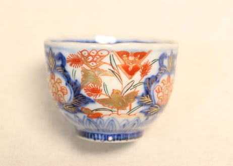 明治前期色絵芦に鳥と牡丹図通り物小向付②見込み淡め