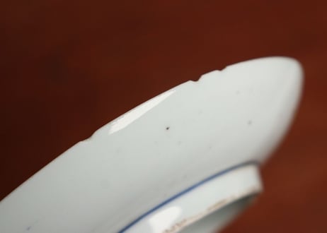 江戸中期藍九谷水車と蓮弁文5寸皿 ③小ホツ