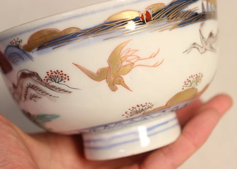 明治前期色絵山水図通り物飯茶碗①