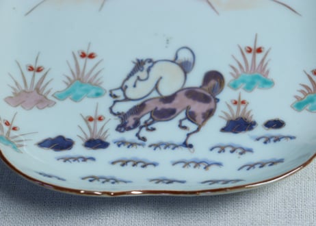 江戸中期色絵馬図四弁通り物7寸変形皿 　5客組
