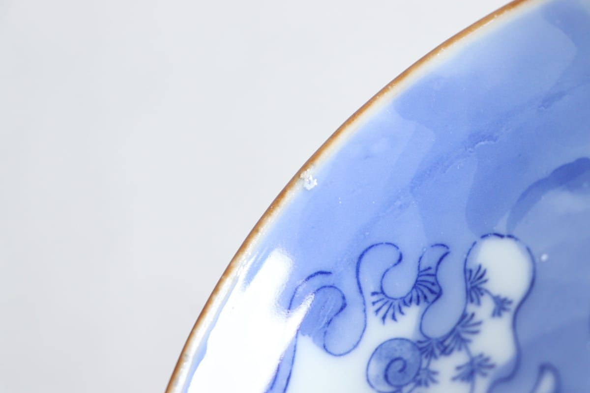 千鳥銅印判手染付明治〜大正 口銹 青海波文 2枚組 千鳥 印判手 染付 皿