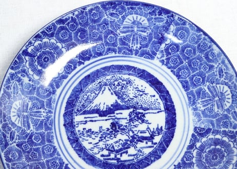 明治後期～大正紙刷富士図7.5寸皿　窯傷,かたつき