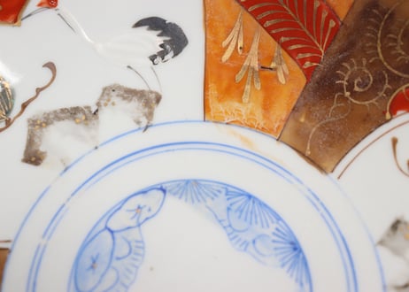 明治後期~大正色絵三方松鶴図7寸皿　色擦れ,窯傷,少かたつき