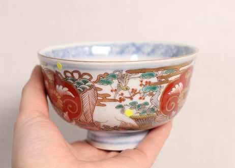 明治前期色絵松竹梅に鶴亀図通り物飯茶碗②少甘手