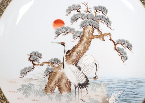 明治前期九谷焼色絵松鶴図通り物8寸皿①