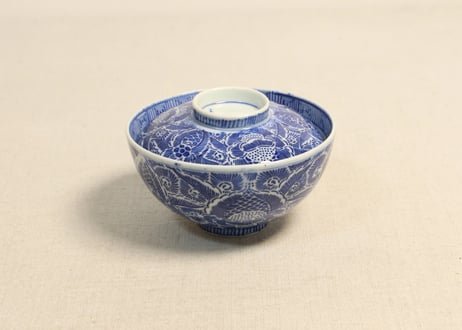 蓋物■中国 青磁 染付 唐子 大清滋正年製 印判 蓋茶碗 漆器台付 時代物 骨董 Antique Sam's Collection染付印判唐子紋蓋付茶碗