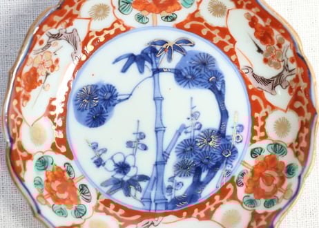 明治前期色絵松竹梅と牡丹図小皿