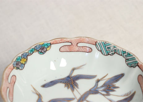 江戸幕末色絵鶴五羽図なます皿5客組
