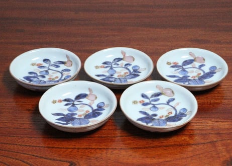江戸中期色絵茄子図小皿　5客組