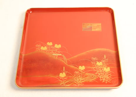 皆朱蒔絵秋草銘々柄吸物膳　共箱付　10客組　小傷3客,傷2客有