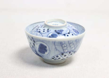 江戸幕末染付丸文散らし図蓋茶碗①