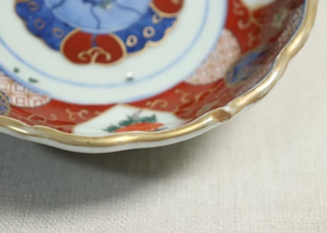江戸幕末色絵牡丹と青玉図通り物なます皿　染料飛び,窯傷
