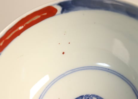 明治前期色絵獅子牡丹と幾何学文図飯茶碗②窯傷