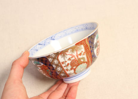 明治前期色絵桃と松竹梅図飯茶碗