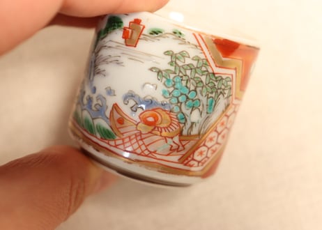 明治前期色絵網引き人物と牡丹図のぞき
