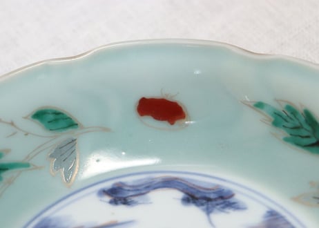 江戸中期青磁色絵山水と栗図なます皿 高台ホツ