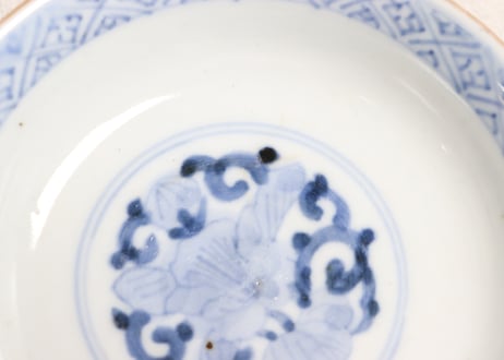 明治前期色絵梅に鶯と菖蒲図通り物飯茶碗
