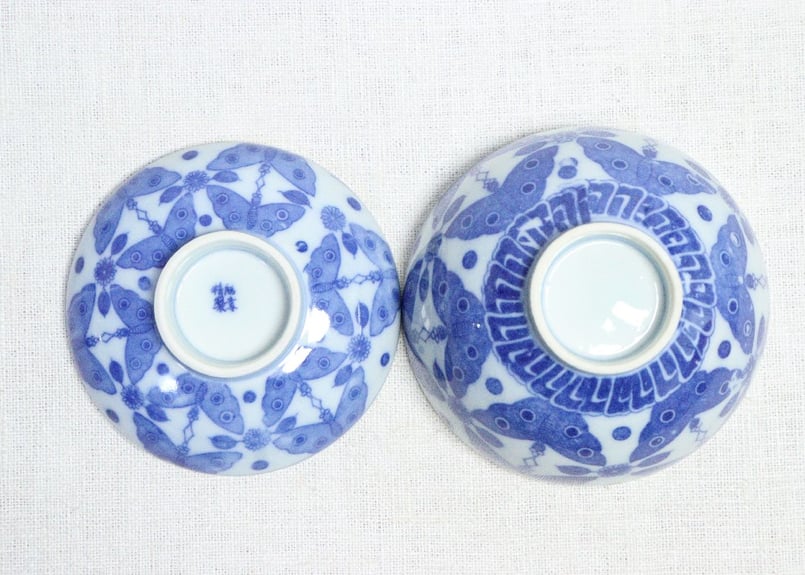 夫婦茶碗　ご飯茶碗　明治　大正　染付　印判　扇文様　松竹梅　菊文様 明治後期～大正銅判蝶図飯茶碗 | 吉祥寺PukuPuku