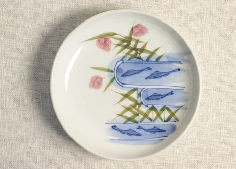 明治後期～大正染付鮎と芦図小皿