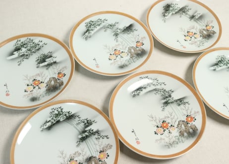 昭和戦前色絵プリント菊と竹林図6寸皿