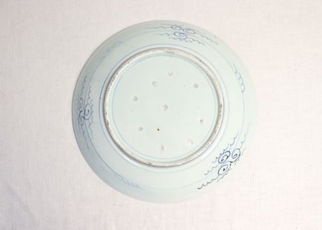 江戸幕末染付山水図尺皿 フリモノ,少甘手,ムシクイ