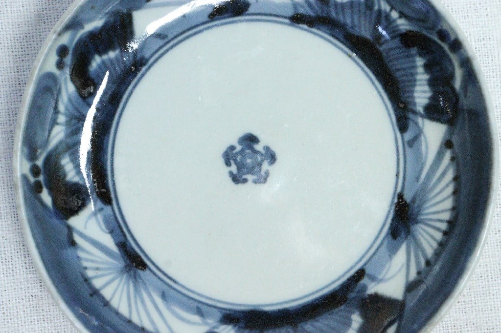 稀少品】「母」中国古玩 古染付 風景図 扇面形 豆皿 10客 （