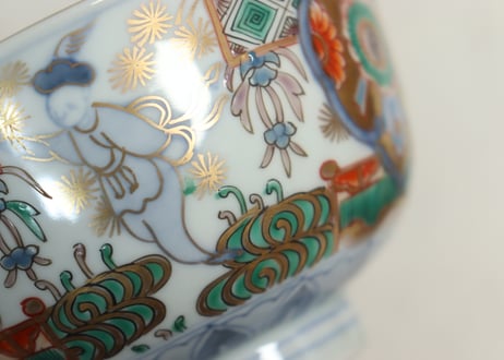 明治前期色絵獅子牡丹と人物図通り物飯茶碗①