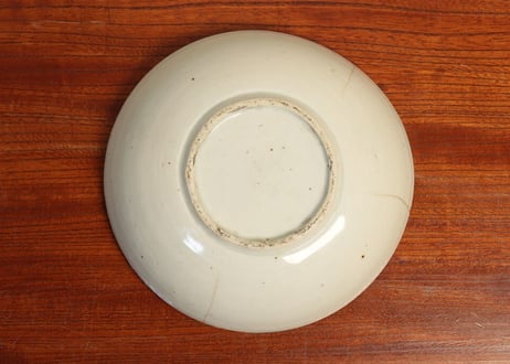 江戸中期くらわんか染付扇面と菖蒲図6寸浅鉢　ホツ,ニュウ