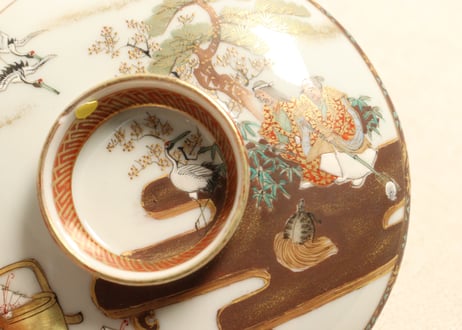 明治前期九谷焼色絵高砂図飯茶碗②蓋ノミホツ,高台ホツ