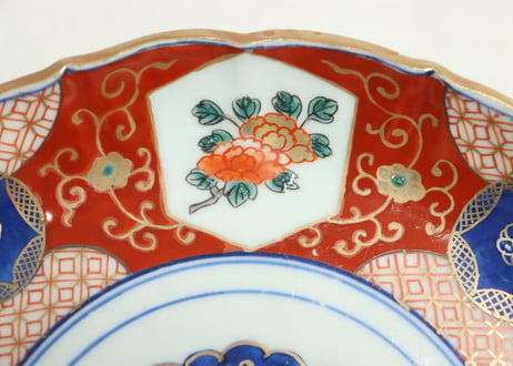 江戸幕末色絵牡丹と青玉図通り物7寸皿②少かたつき